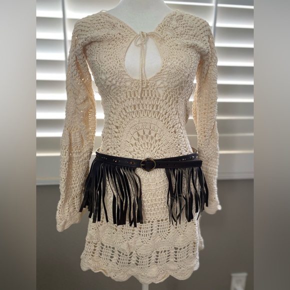 Vintage BOHO amber rhinestone studded Leather Fringe Waist Wrap statement belt - Picture 3 of 11